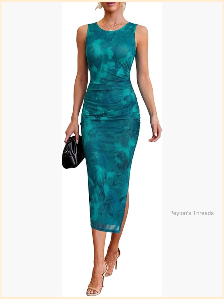 Mesh Floral Bodycon Midi Dress Ruched Sleeveless Wedding Guest Cocktail Party